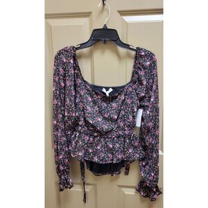 NWOT Wayf Smocked-Back, Open-Back Long-sleeve Black Floral Shirt, Size: Small